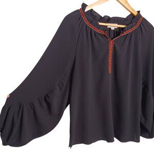 Molly Bracken Medium Light Weight Black Long Sleeve Top Aztec Trim Unique Sleeve